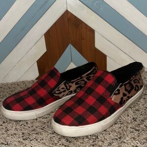 Plaid and Leopard Platform Slip-On Shoes